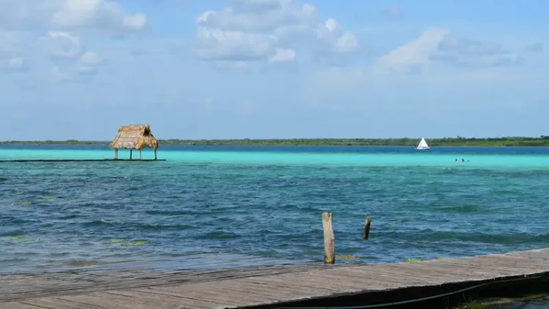 a dock in Caribbean waters. The Lagoon of Seven Colors Mexico, Bacalar