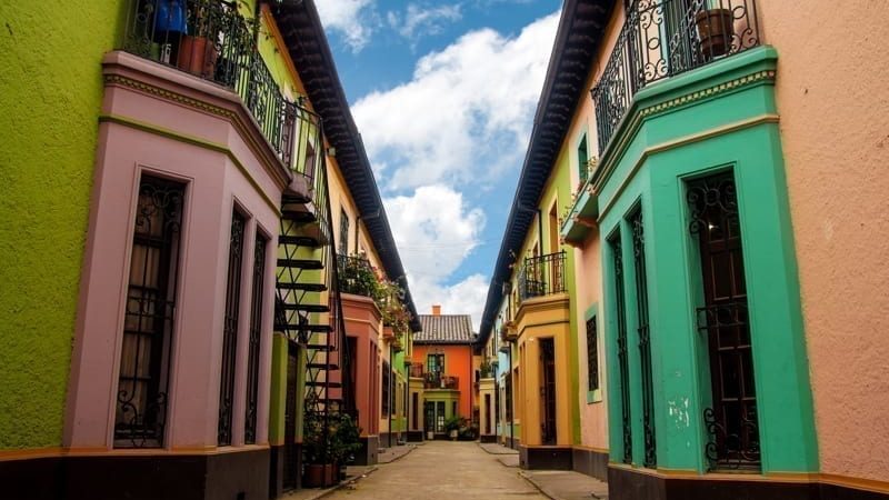 Bright colorful historic buildins in Los Martires neighborhood in Bogota. real estate in Colombia live in colombia