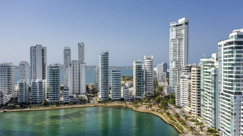 Aerial view of a skyline of skyscrapers in Cartagena's prestigious Castillogrande district