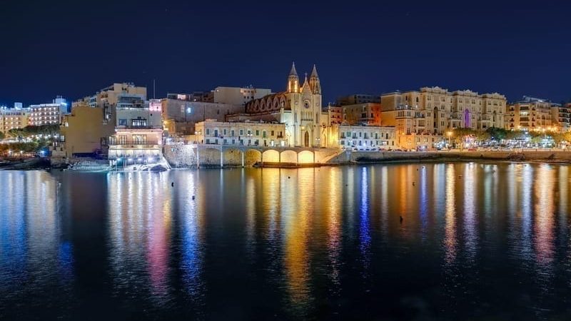 Church of Our Lady of Mount Carmel at night, St.Julians, map of malta
