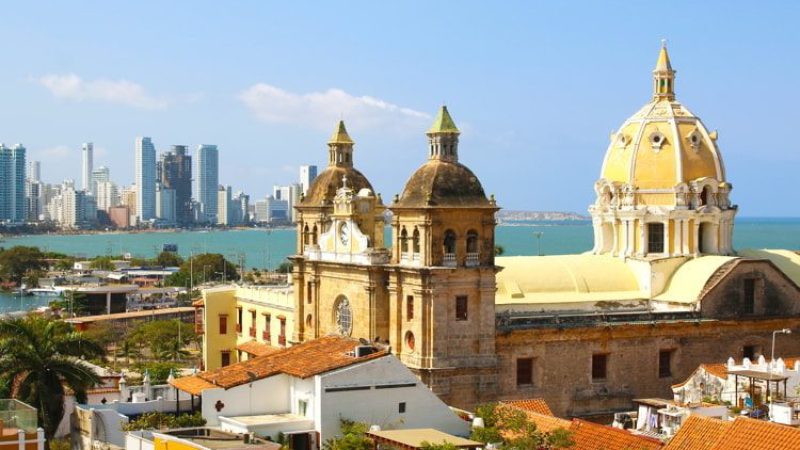 Beautiful colonial buildings in the historic center of Cartagena, Colombia with the Caribbean Sea