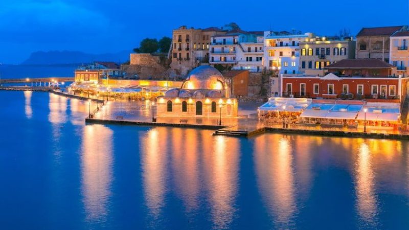 Night Venetian quay, Chania, Crete, Greece