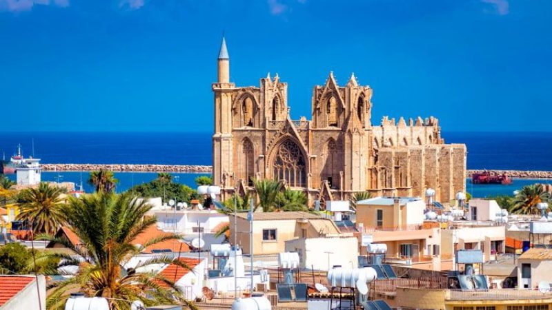 Lala Mustafa Pasha Mosque and Famagusta town on a bright afternoon