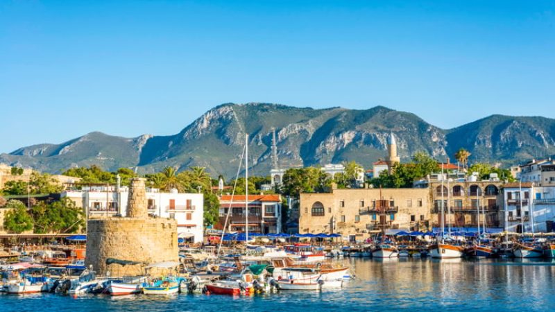 Ancient chain tower in Kyrenia Harbour in Cyprus