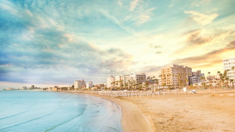 Beautiful view of the main street of Larnaca and Phinikoudes beach in Cyprus, larnaca