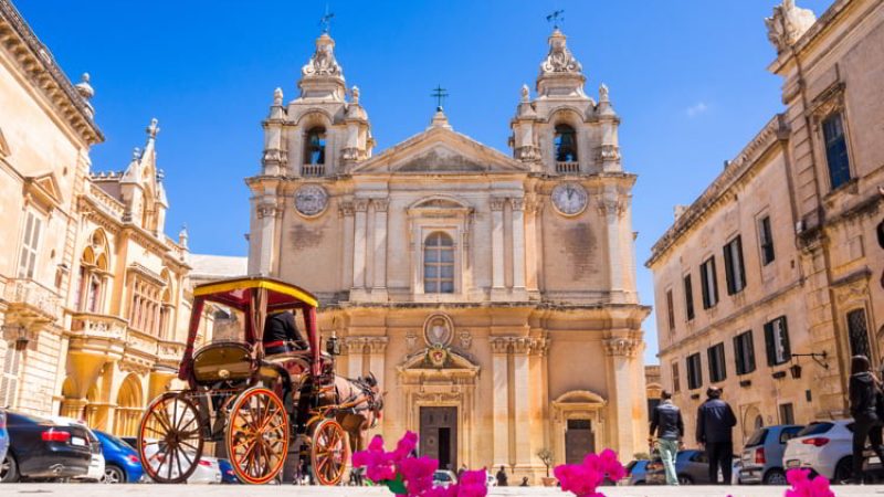 Town square and Saint Poul Cathedral in Mdina village of Malta in Europe. travel in malta