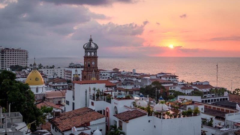 Aerial view of downtown Puerto Vallarta at sunset