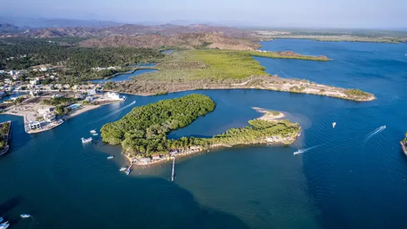 Island in the middle of the lagoon of Barra de Navidad beach, cihuatlan, Jalisco, mouth of river, Melaque Beach, Costalegre. mexico bahia de navidad