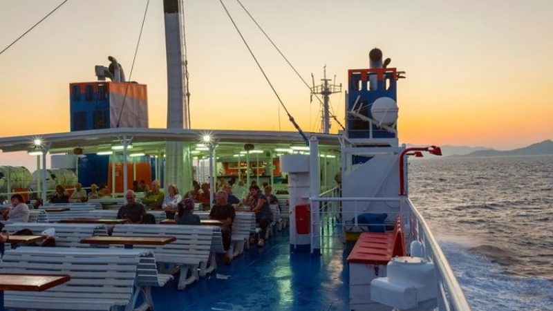 Dodecanese seaways boat at Dusk in the port of Rhodes Greece