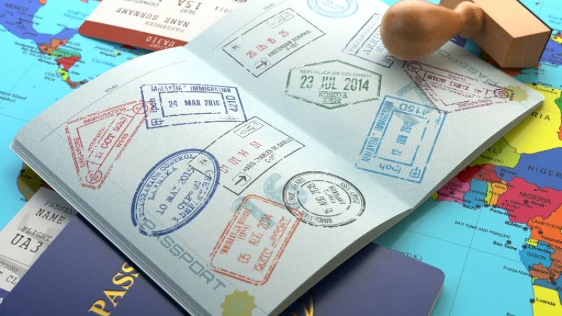 Opened passport with visa stamps. paphos