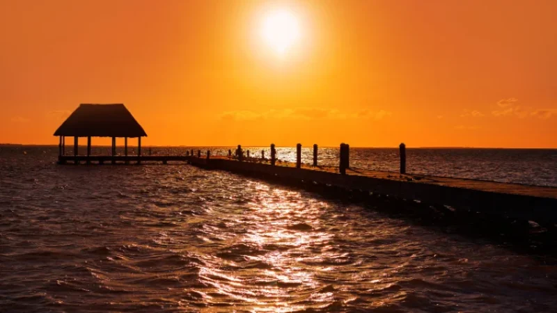 Holbox island sunset beach pier hut in Mexico. isla holbox